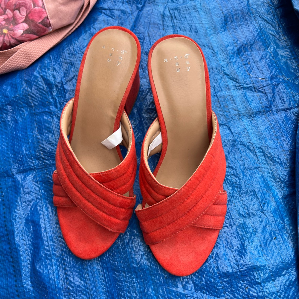 Orange peep toe mules